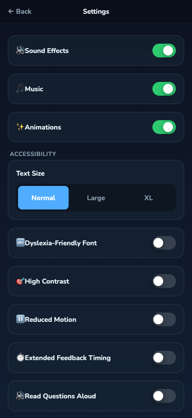Settings page showing accessibility options: dyslexia font, high contrast, text-to-speech, text sizes